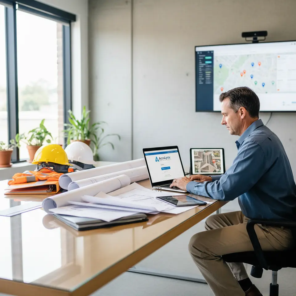 Professional accessing AccuLynx dashboard for roofing management