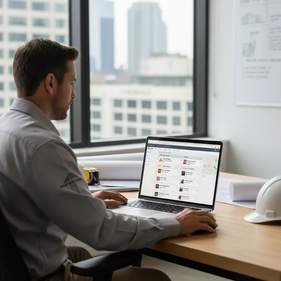 Roofing professional accessing AccuLynx CRM dashboard