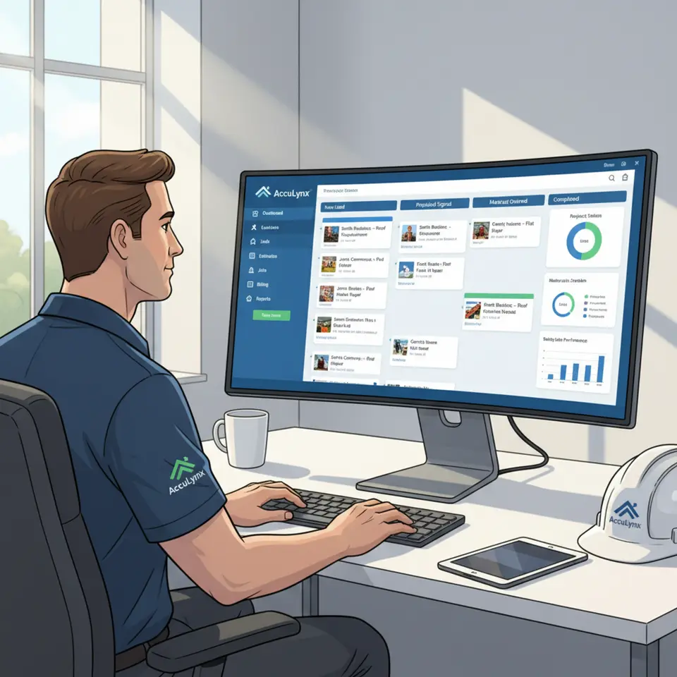 AccuLynx login screen with roofing projects