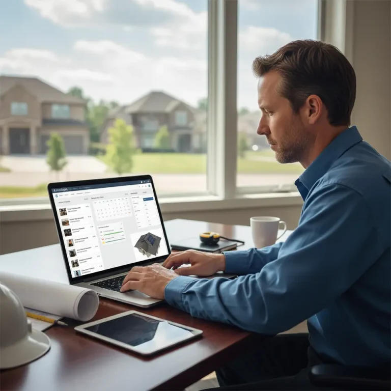 Roofing contractor using AccuLynx CRM on a computer