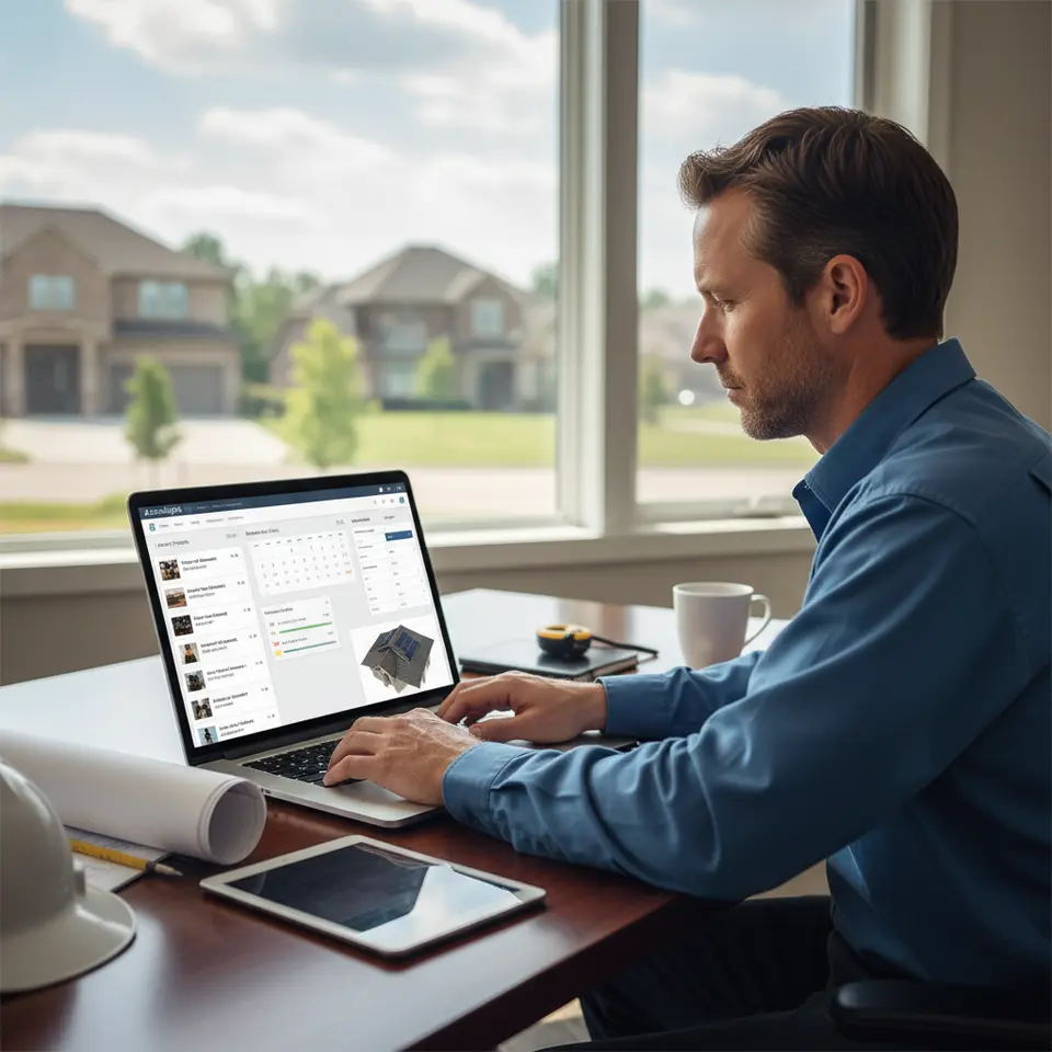 Roofing contractor using AccuLynx CRM on a computer